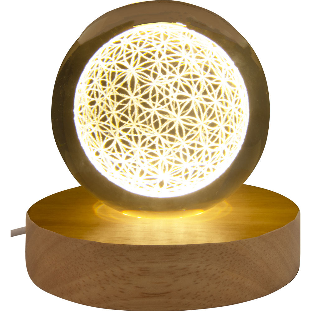 Crystal Glass Ball engraved - Wood LED - Flower of Life