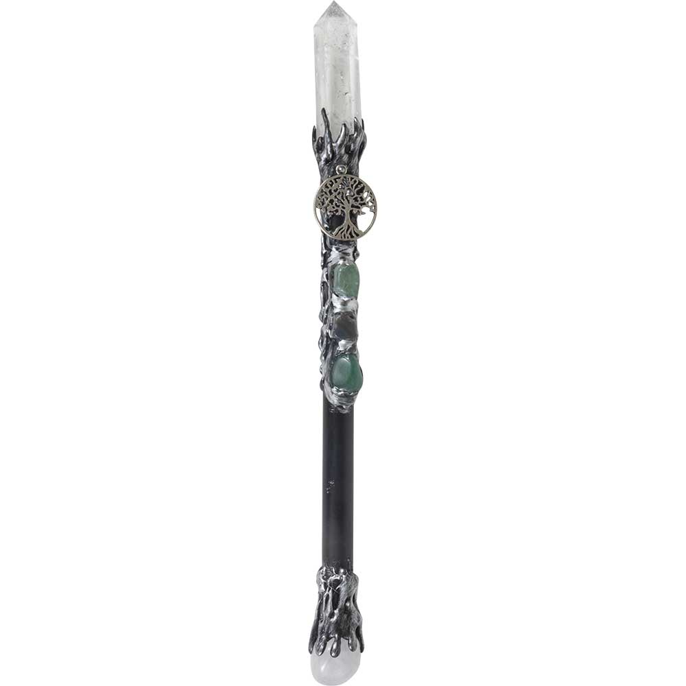 MAGICK WAND-CLEAR QTZ POINT W/METAL TREE OF LIFE 10″L