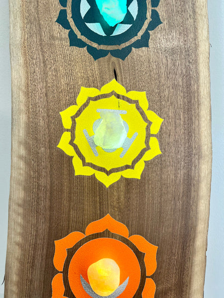 Walnut slab 6 ft with painted chakra symbols and natural crystals