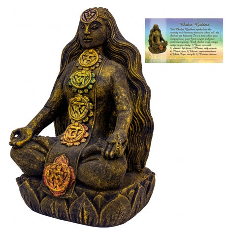 VOLCANIC STONE STATUE-CHAKRAS GODDESS-BRONZE H 13.75″